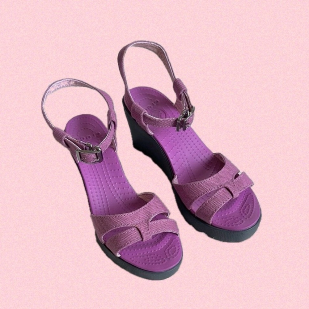 CROCS Purple Wedge Sandals with Black Soles
